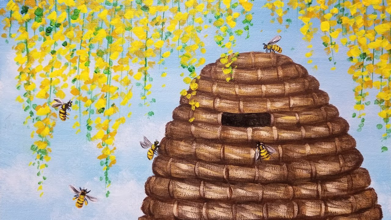3 пчелы 3 дома. Пчела живопись. Пчелиный домик. Улей для детей. Пчелы и улей картина.