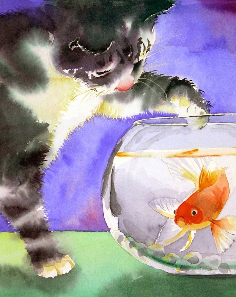 Кот с рыбой рисунок