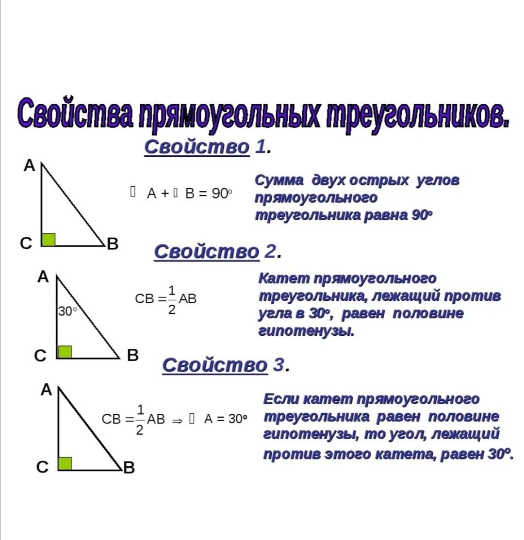Сумма углов треугольника признаки равенства прямоугольных треугольников. 3 Свойства прямоугольного треугольника. Свойства углов прямоугольного треугольника. Теоремы прямоугольного треугольника 7 класс. Прямоугольный треугольник свойство сторон и углов.