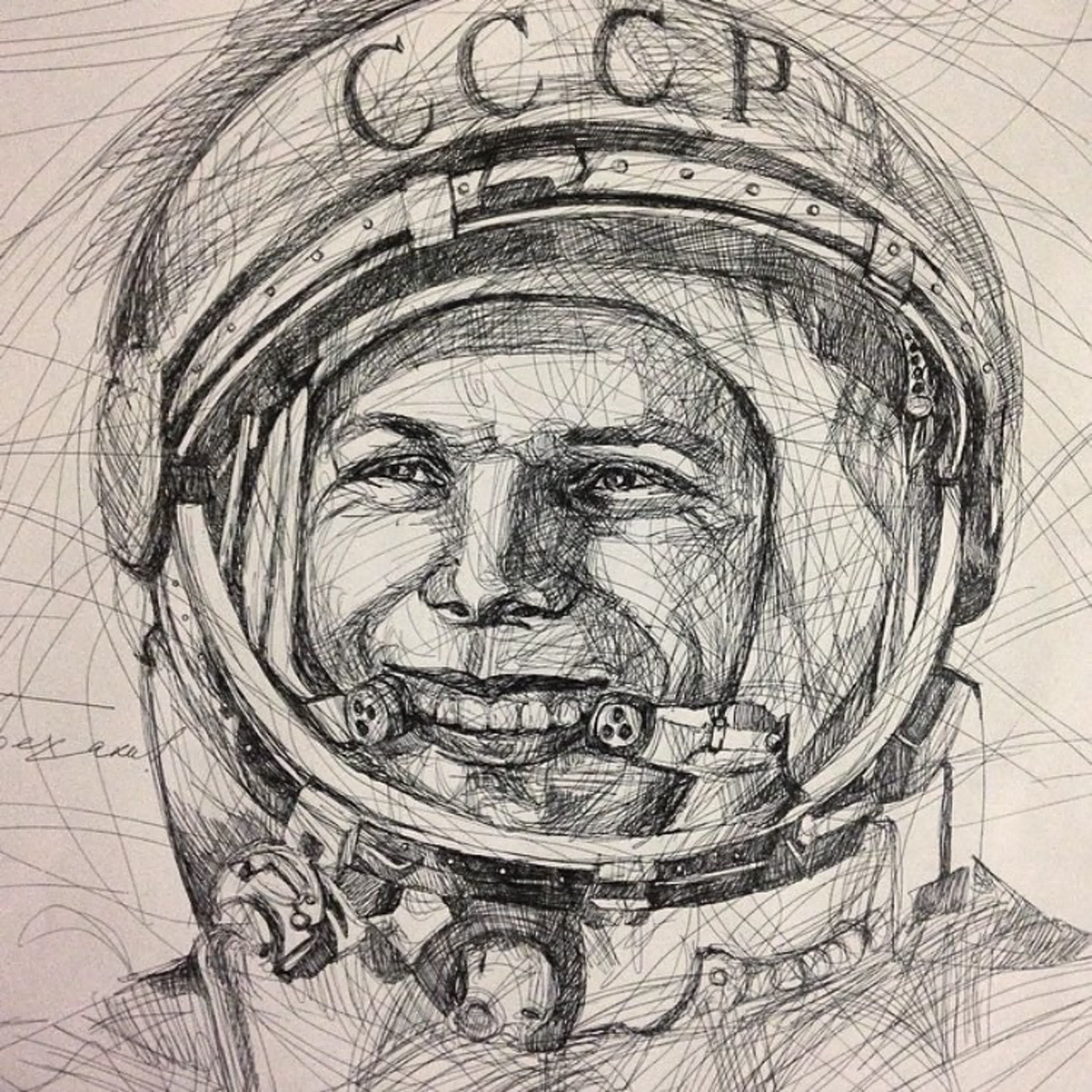 Гагарин нарисовать. Портрет Юрия Гагарина в скафандре.