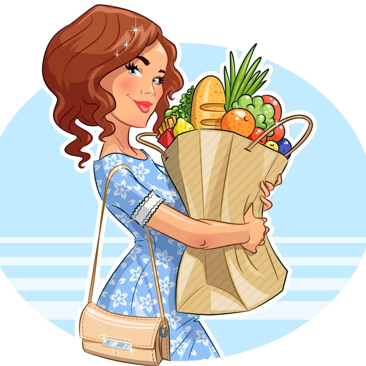 Дама мама а4. Женщина мультяшная. Женщина с сумками продуктов. Домохозяйка иллюстрация. Пакет с продуктами иллюстрация.