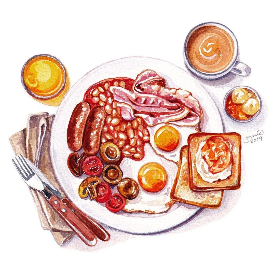 Участки застроены приготовленный завтрак иллюстрированные. Рисунки еды. Завтрак акварель. Завтрак иллюстрация. Нарисованная еда.