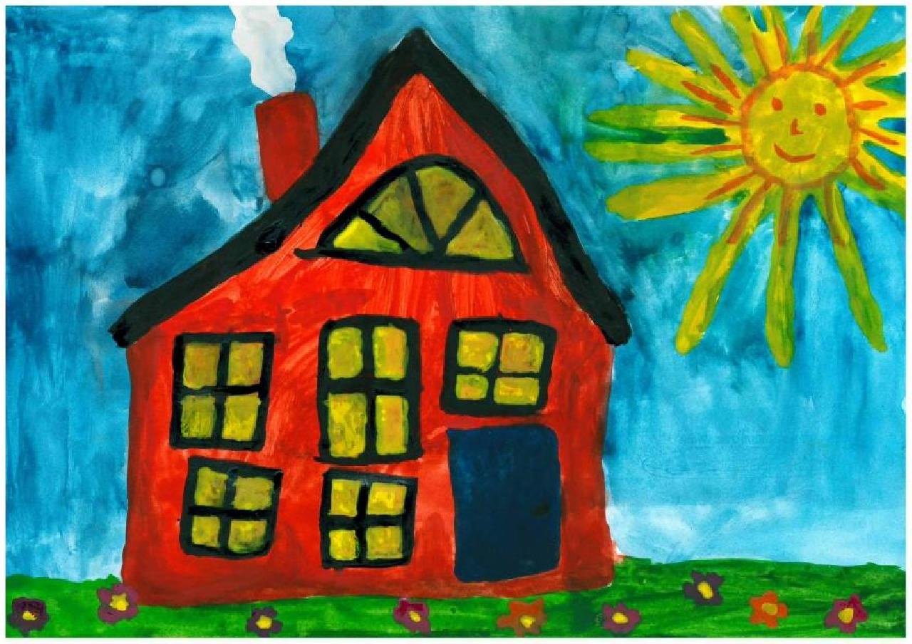 Рисунки красками дома. Домик рисунок. Домик для рисования детям. Домик детский рисунок. Сказочный домик красками.