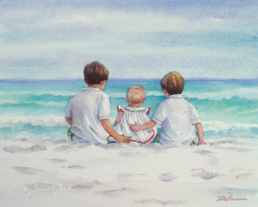 Папу с мамой берегу. Картина семья. Трое детей живопись. Семья акварель. Семья на море акварель.