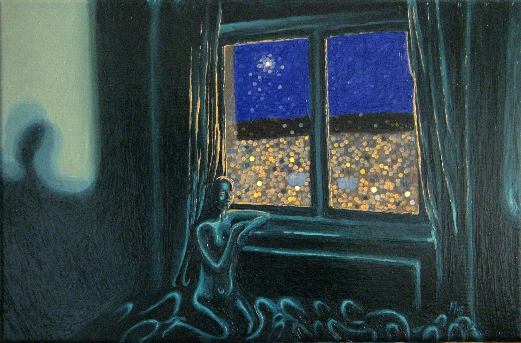 Луна заглядывает в окно. Окно ночью. Ночное окно в живописи. Окно в ночи живопись. Ночные окна живопись.