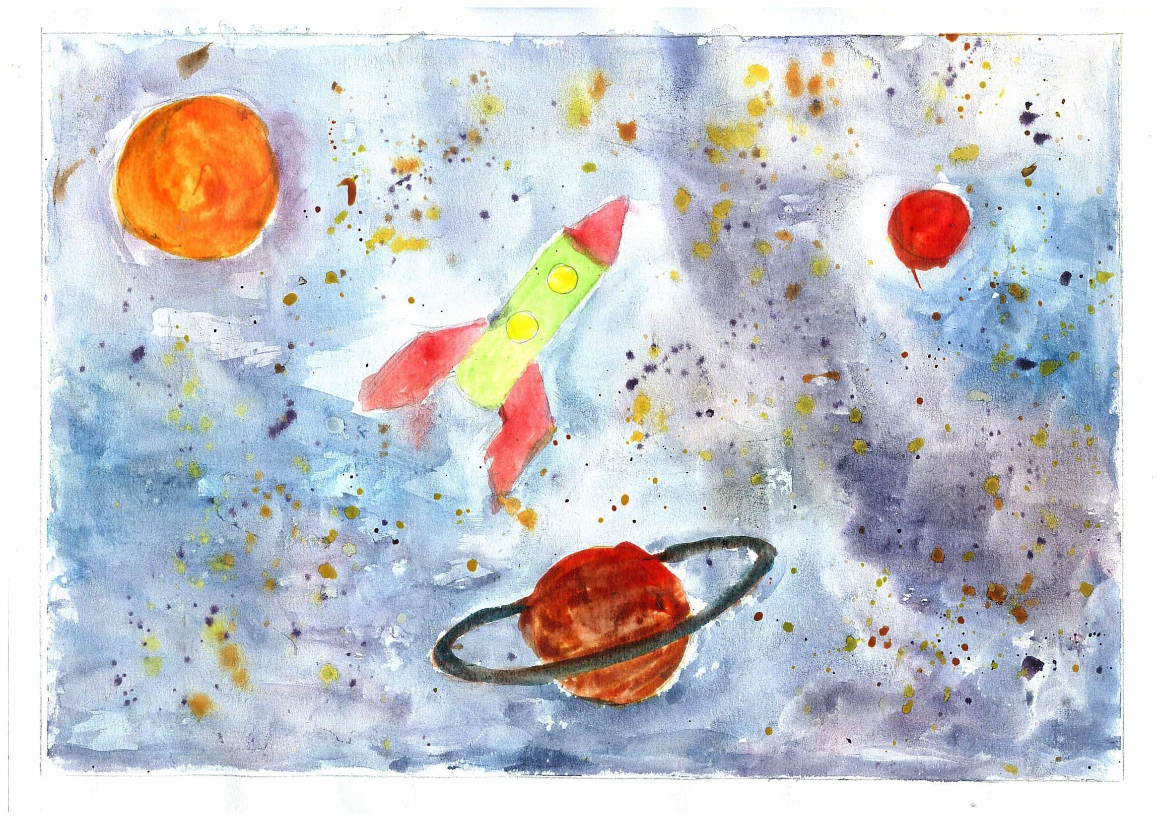 Космос акварелью для детей. Рисование космос. Рисование акварельными красками для детей. Рисование космос красками для детей. Космос гуашью.