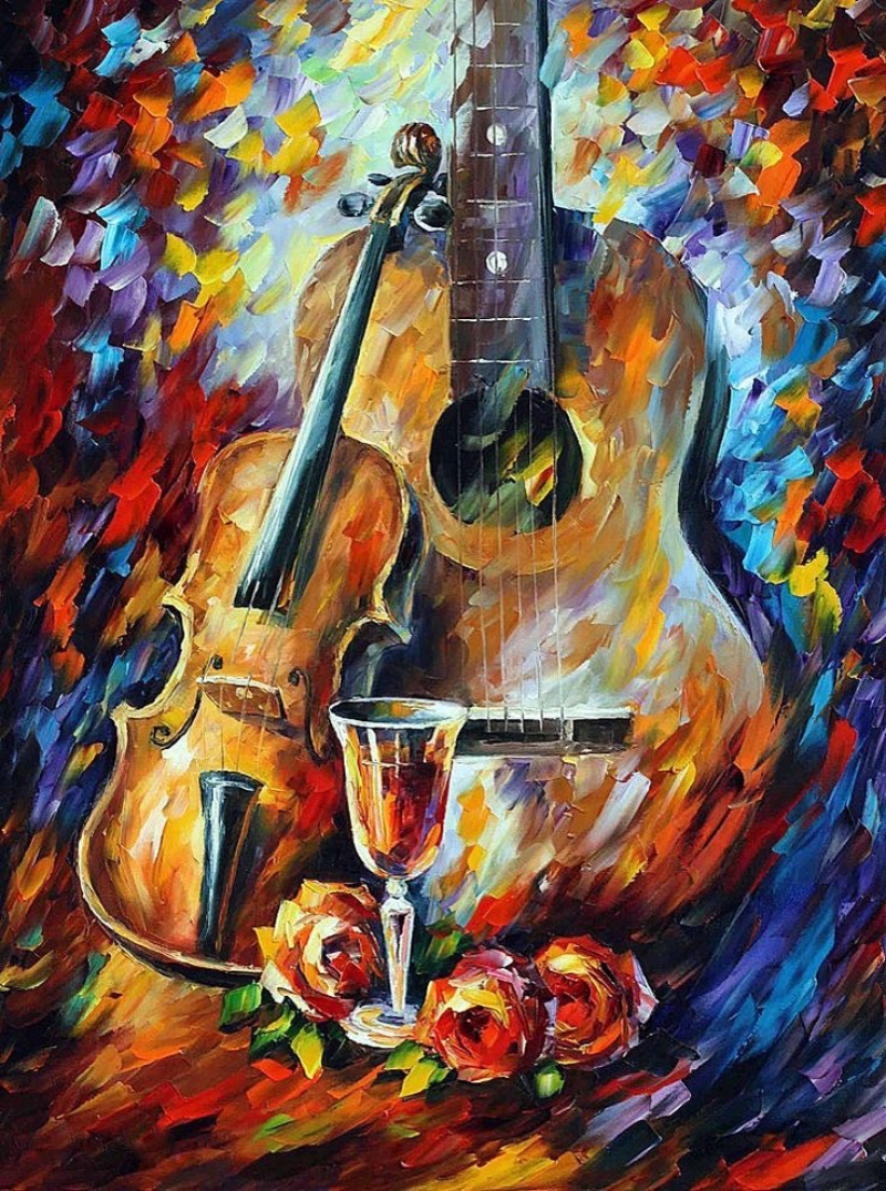 Музыка гитара и скрипка. Афремов натюрморт живопись.