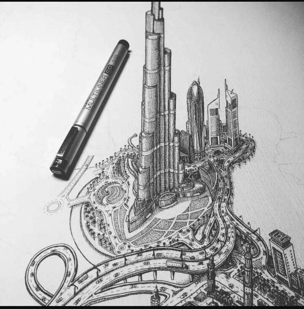 Дубай рисунок карандашом