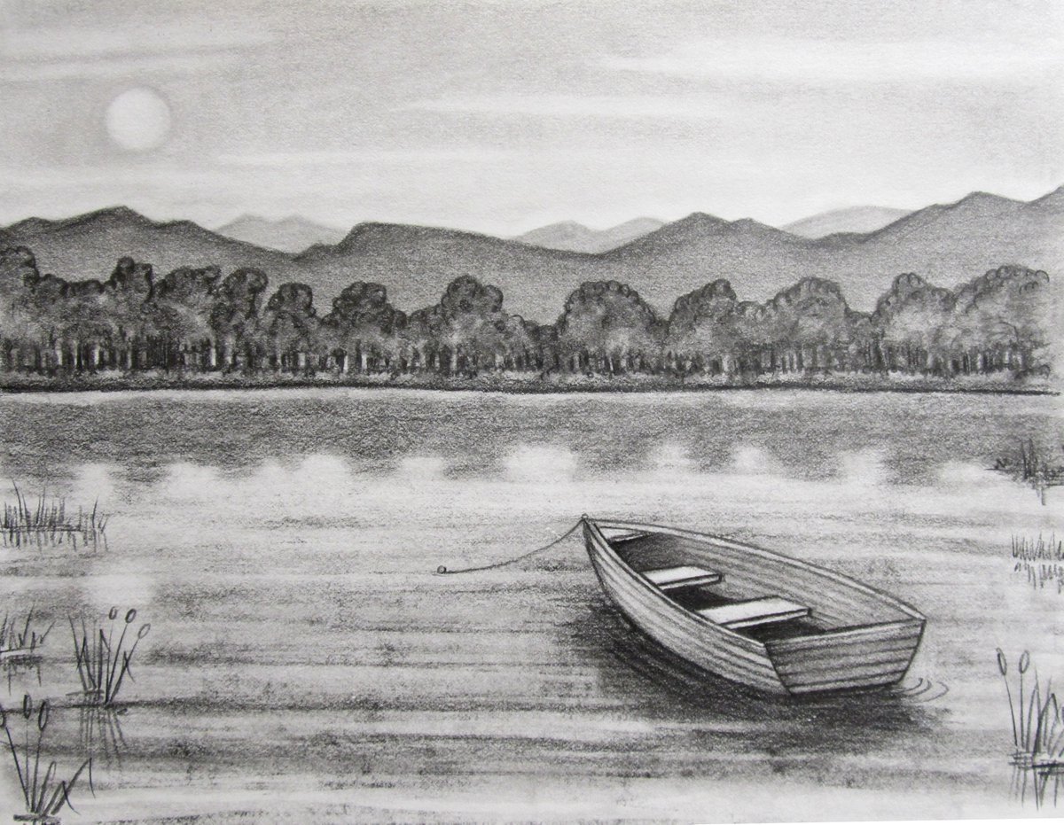 Рисунок черного озера. Графический пейзаж. Пейзаж карандашом. Пейзаж рисунок карандашом. Лодка рисунок карандашом.