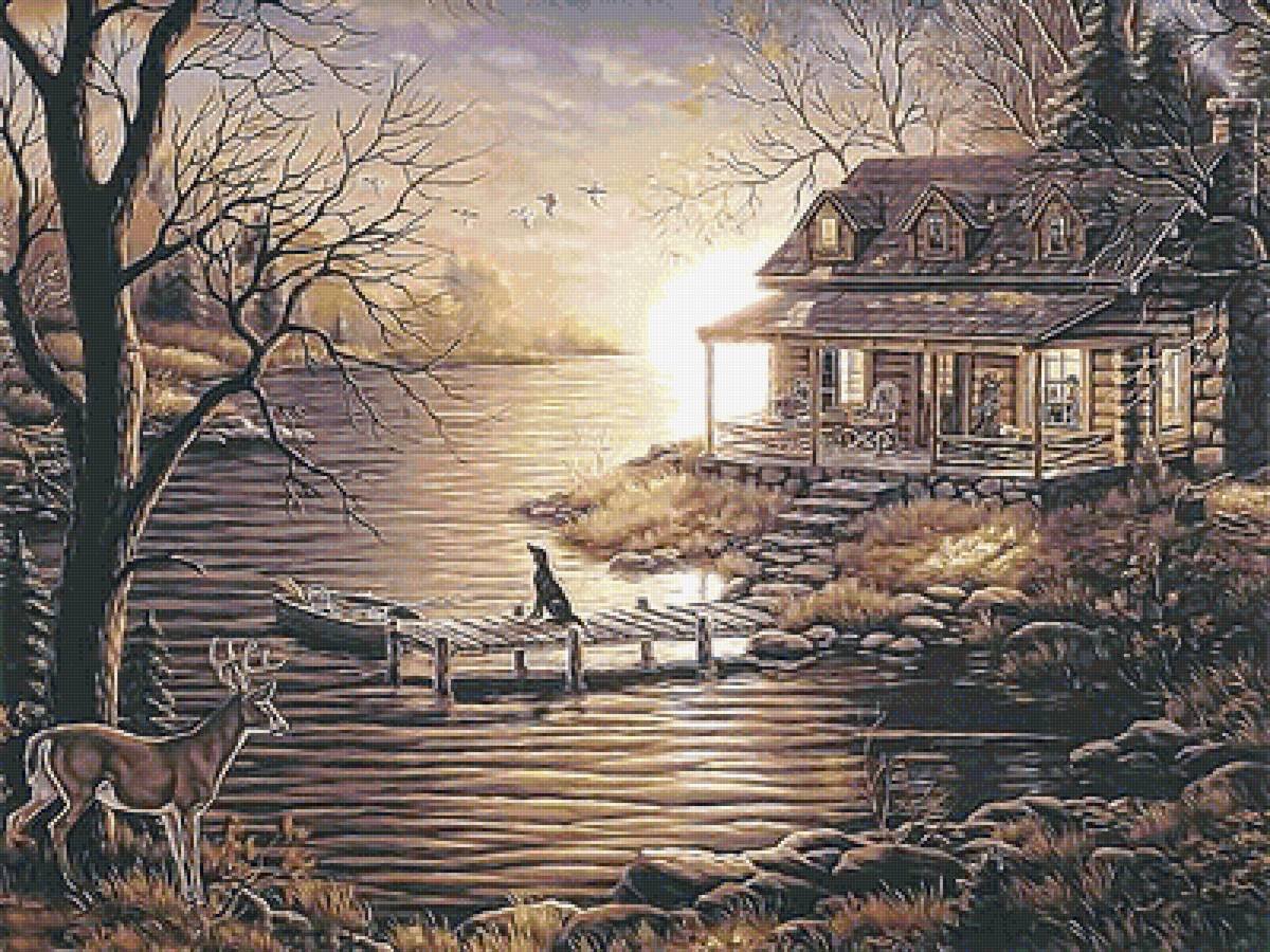 Река домов картина. Джуди Гибсон картины. Пейзаж с домом. Пейзаж с домиком. Пейзаж с хижиной.