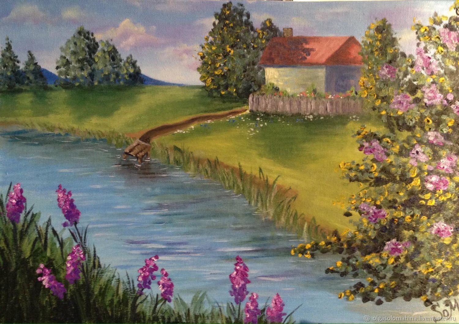 Река домов картина. Картина домик у реки. Дом в деревне у реки картины. Картины маслом с домиком у реки. Дом с речкой рисунок.