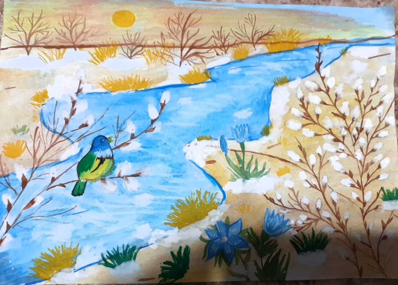Рисунок на тему весенняя капель. Весенний пейзаж для детей. Рисуем весну. Весенние рисунки для детей.
