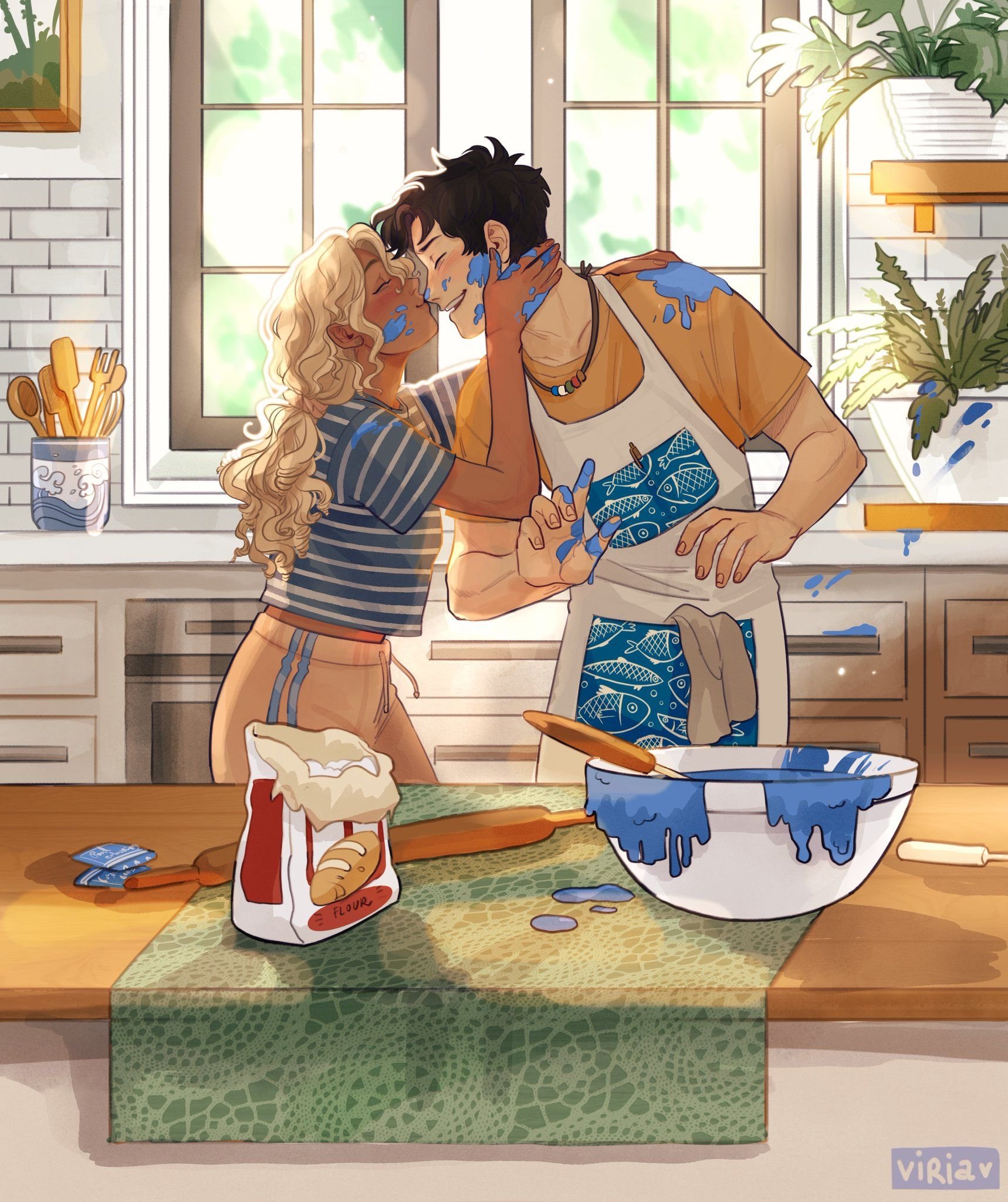 Рассказ жить вместе. Перси Джексон синяя еда. Влюбленные на кухне. Парочки на кухне арт. Двое на кухне.