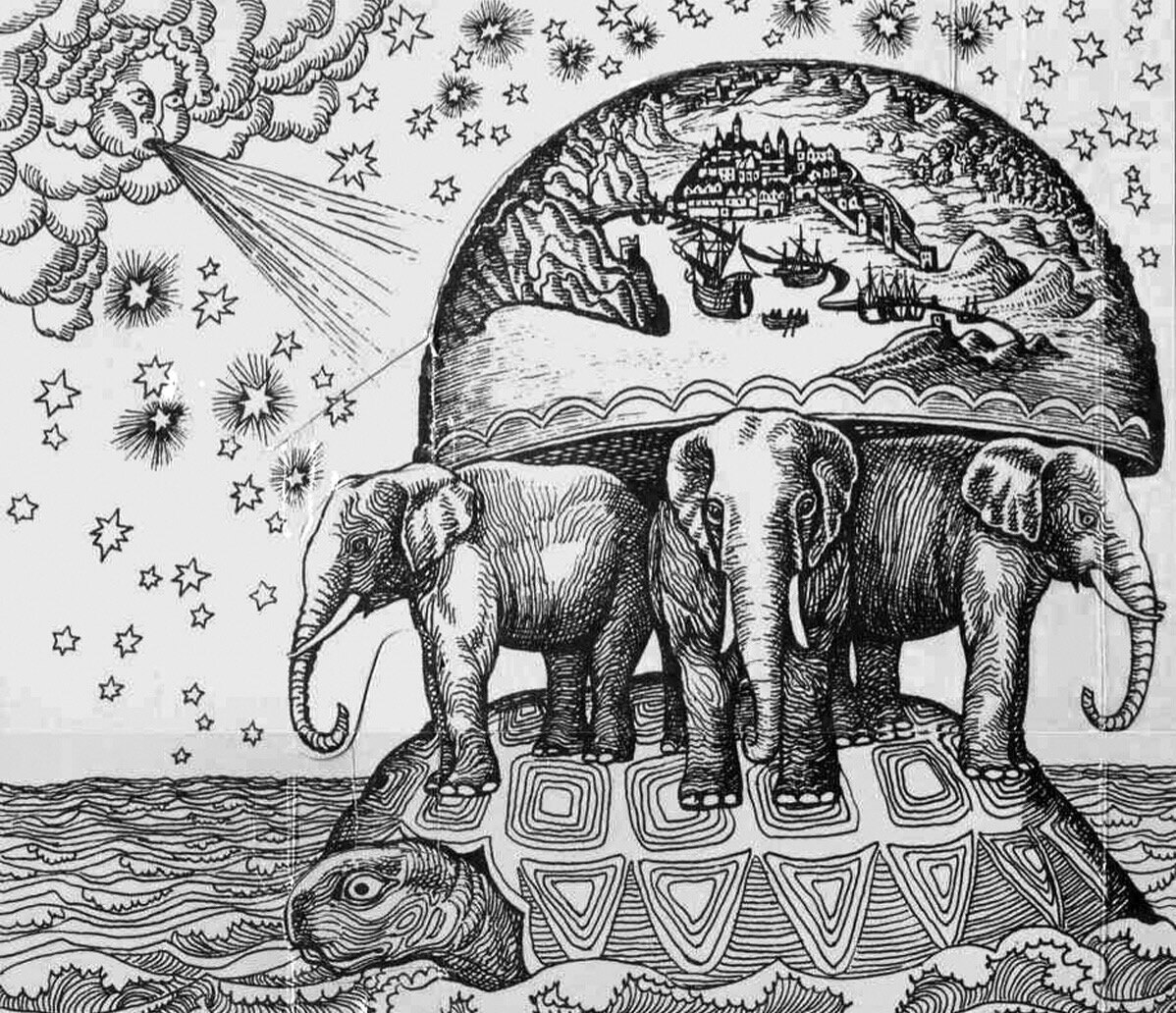 Познание животных. Черепаха три слона плоская земля. Плоская земля на трех слонах и черепахе. Древние представления о земле на трех китах. Плоская 9пмля Ири слонв.