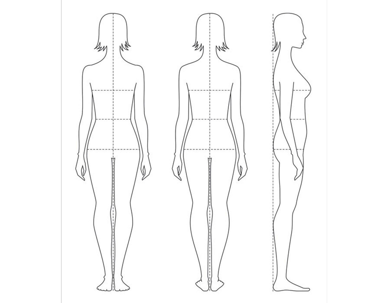 Профиль в полный рост. Фигура для эскизов одежды. Очертания женской фигуры. Фигура для моделирования одежды. Контур тела.