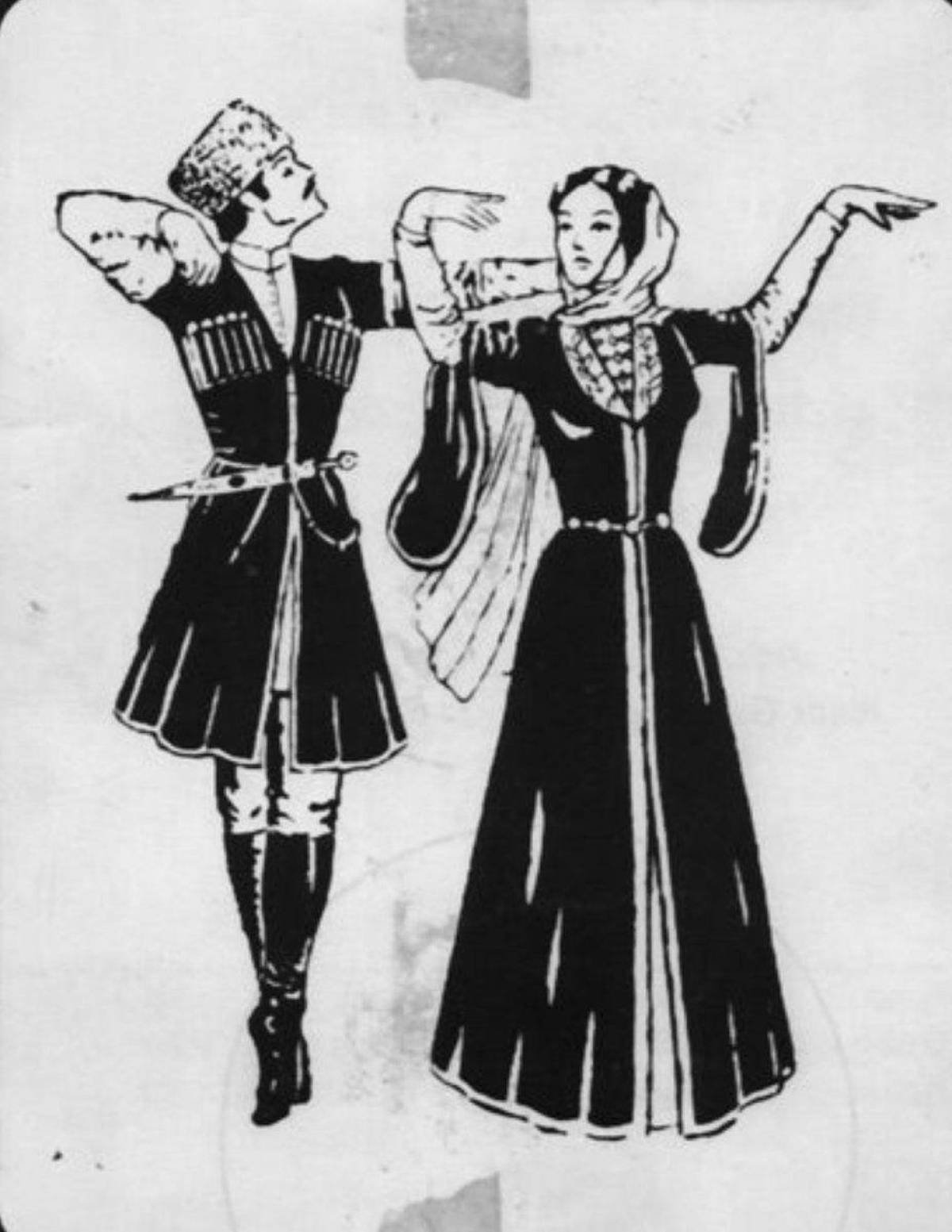 Старинный грузинский танец с платком. Грузинский народный танцевальный костюм. Грузинский костюм рисунок. Кавказские танцы иллюстрация. Кабардинский танец рисунок.