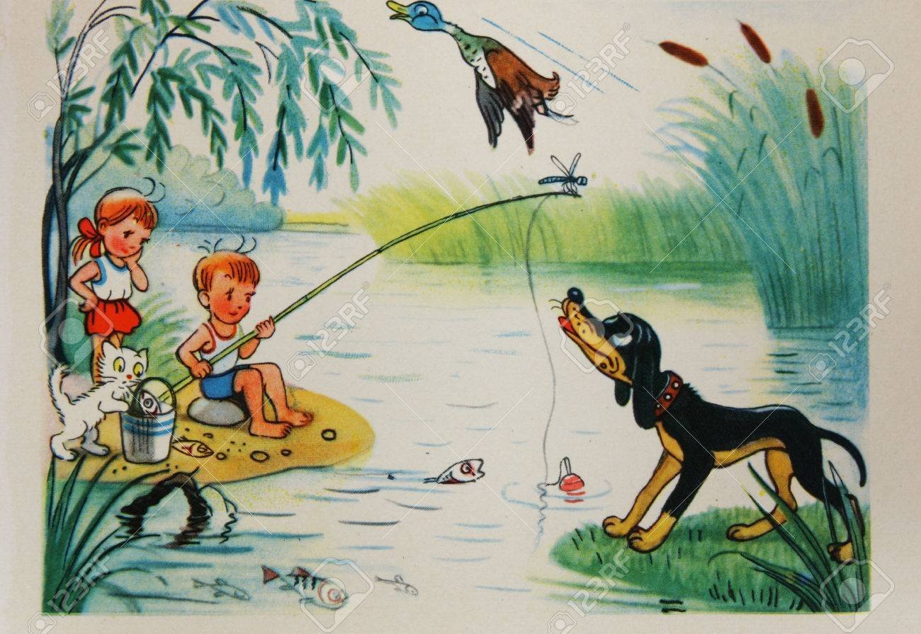 Ваня поймал 3 рыбки. Сутеев иллюстрации. Сюжетная картина на рыбалке. Дети рыбачат иллюстрации. Сюжетный рисунок.