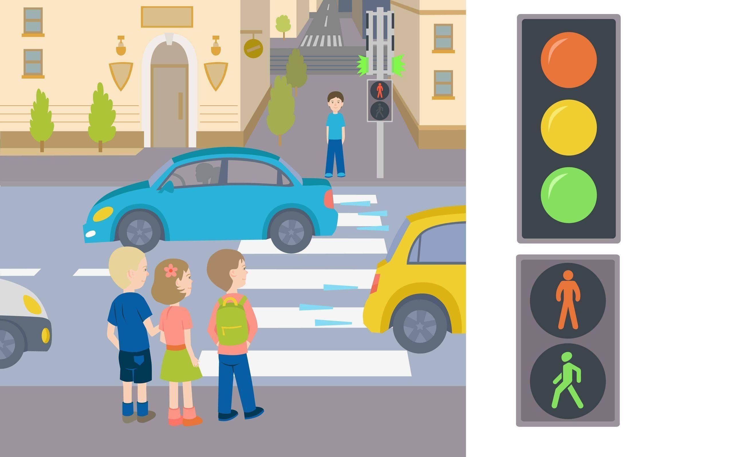 Пропускать цветной. Дорожное движение. ПДД иллюстрации. Пешеходный светофор для детей. Дорога со светофором для детей.