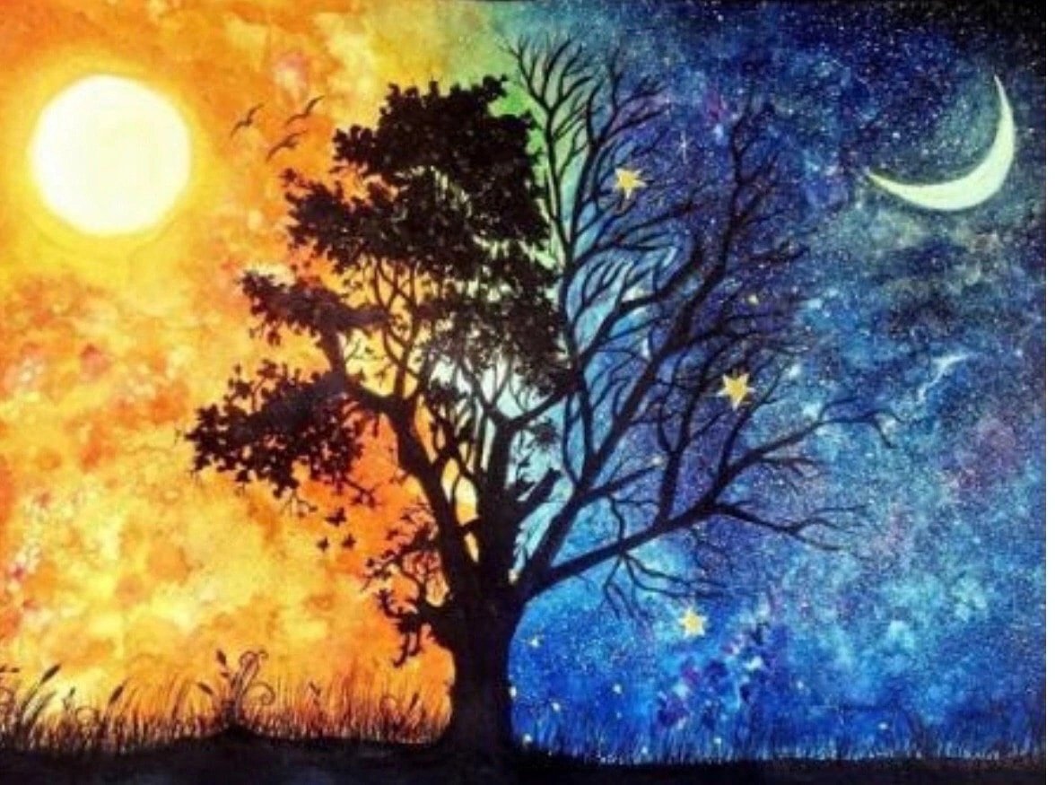 День и ночь пашет. Пейзаж день и ночь. День и ночь. Сказочное дерево. Рисование день и ночь.