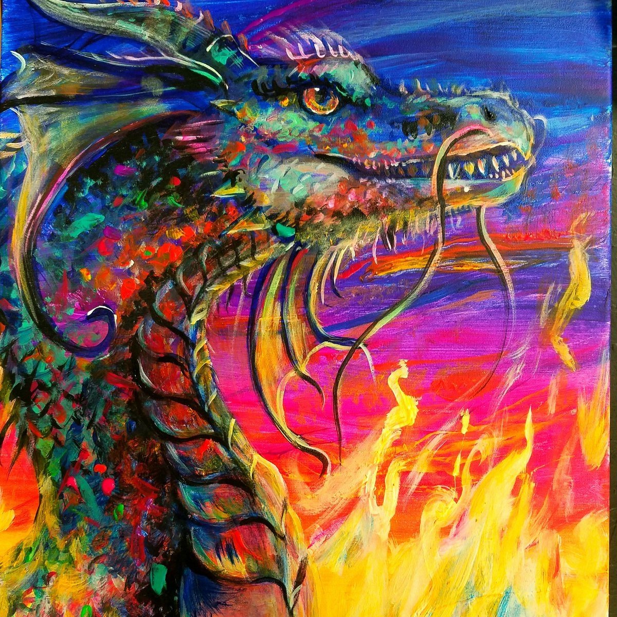 Картина дракон. Разноцветный дракон. Радужный дракон. Красочный дракон. Дракон яркий.