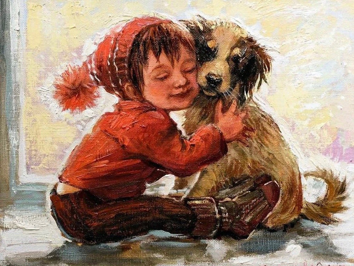 Дом и верных друзей радость. Мальчик с собакой. Собаки в живописи. Картина с изображением собаки для детей.
