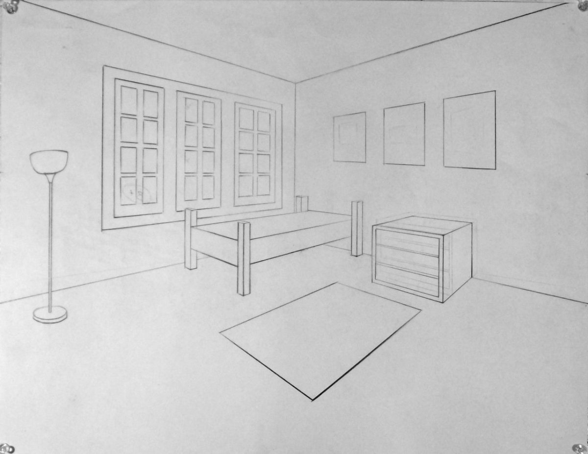 Рисунок комнаты в перспективе поэтапно
