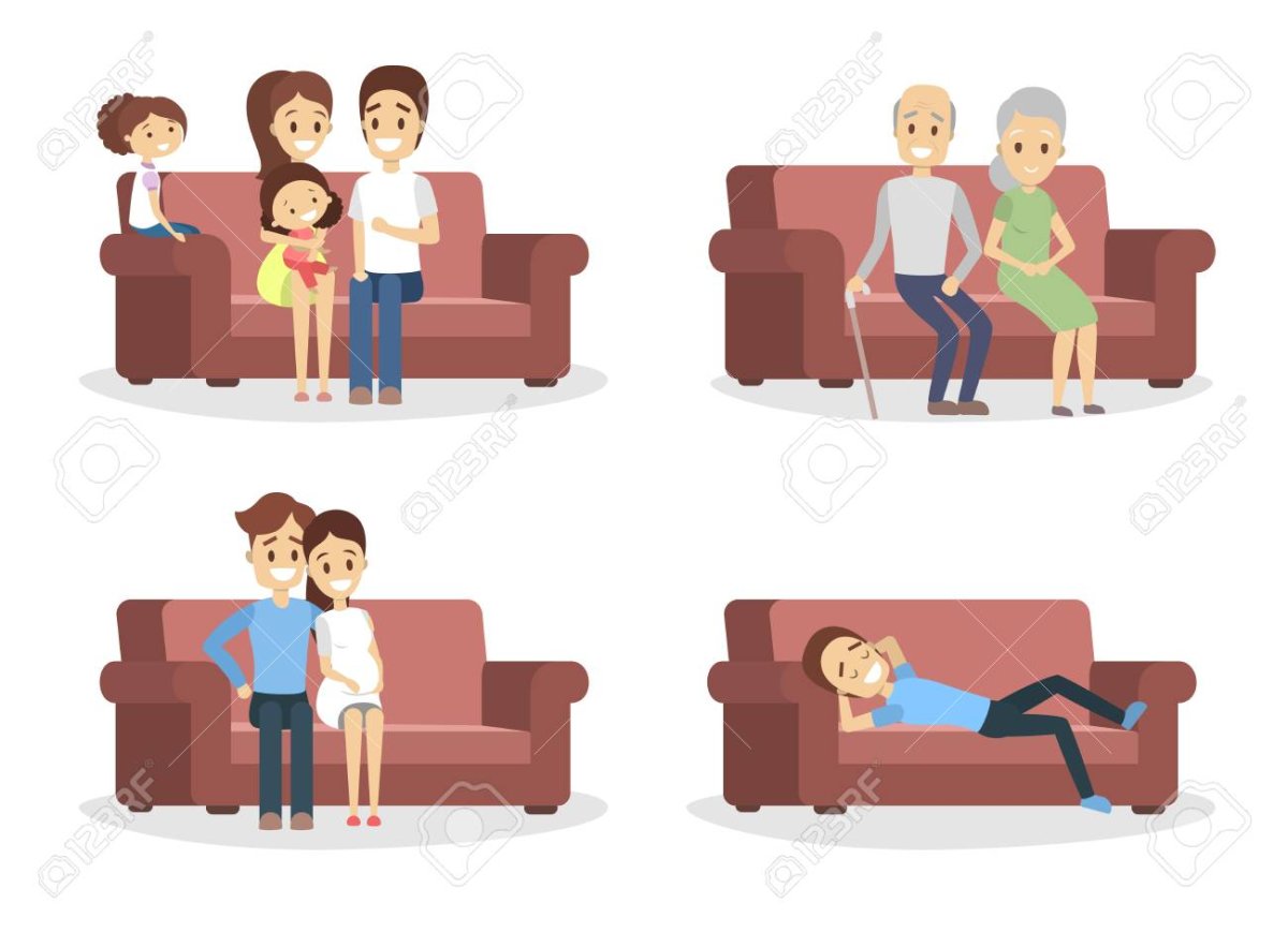 Девять человек сидят на диване