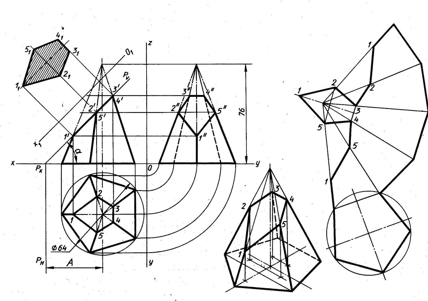 Сечение поверхности и пирамиды. Пятиугольная пирамида в трех проекциях. Усеченная пятигранная пирамида чертеж. Сечение пирамиды Инженерная Графика. Сечение пятигранной пирамиды плоскостью.
