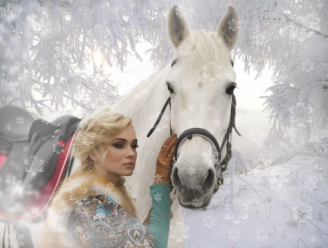 Зимняя фотосессия с белой лошадью