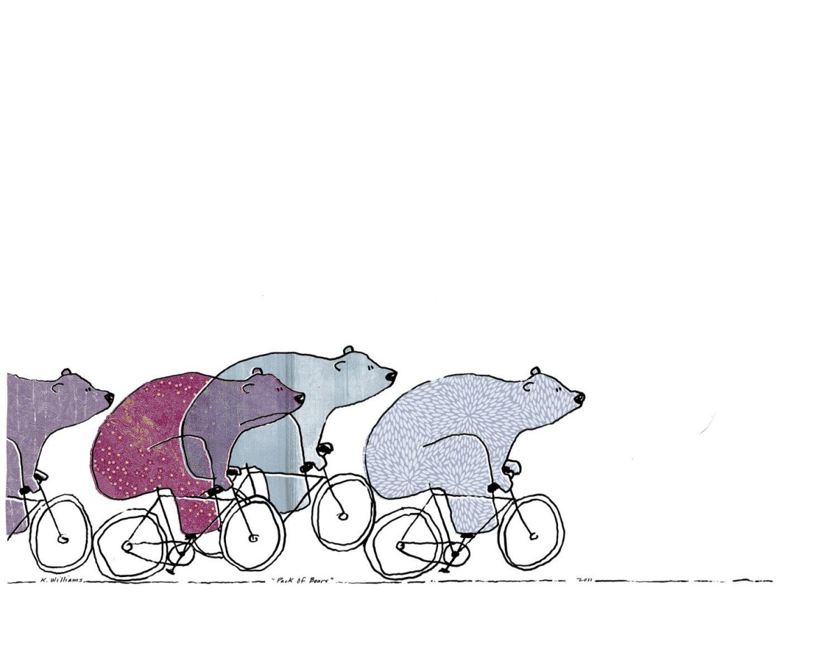 Мишка на велосипеде акварель
