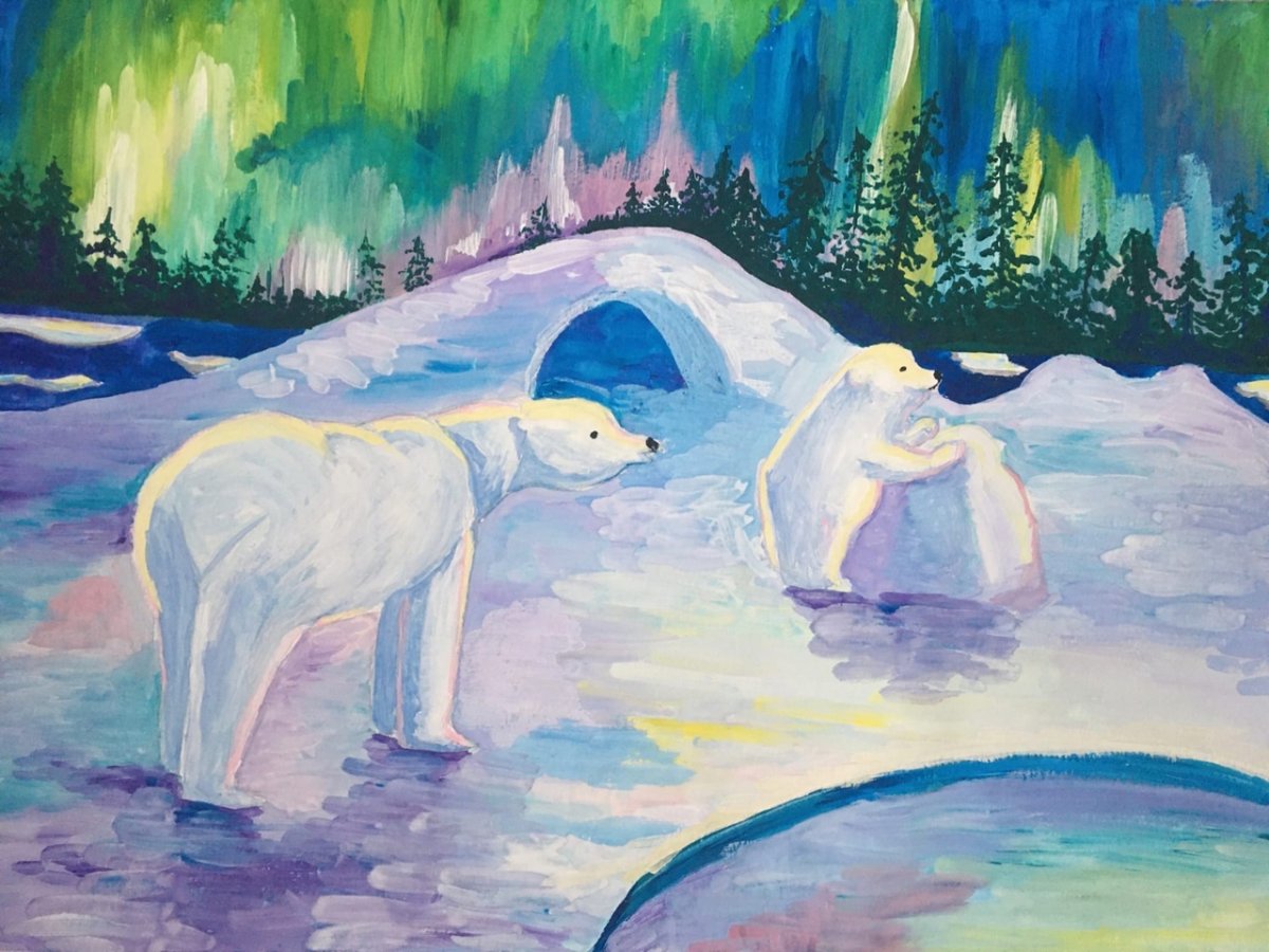 Белый медведь и Северное сияние гуашью картина