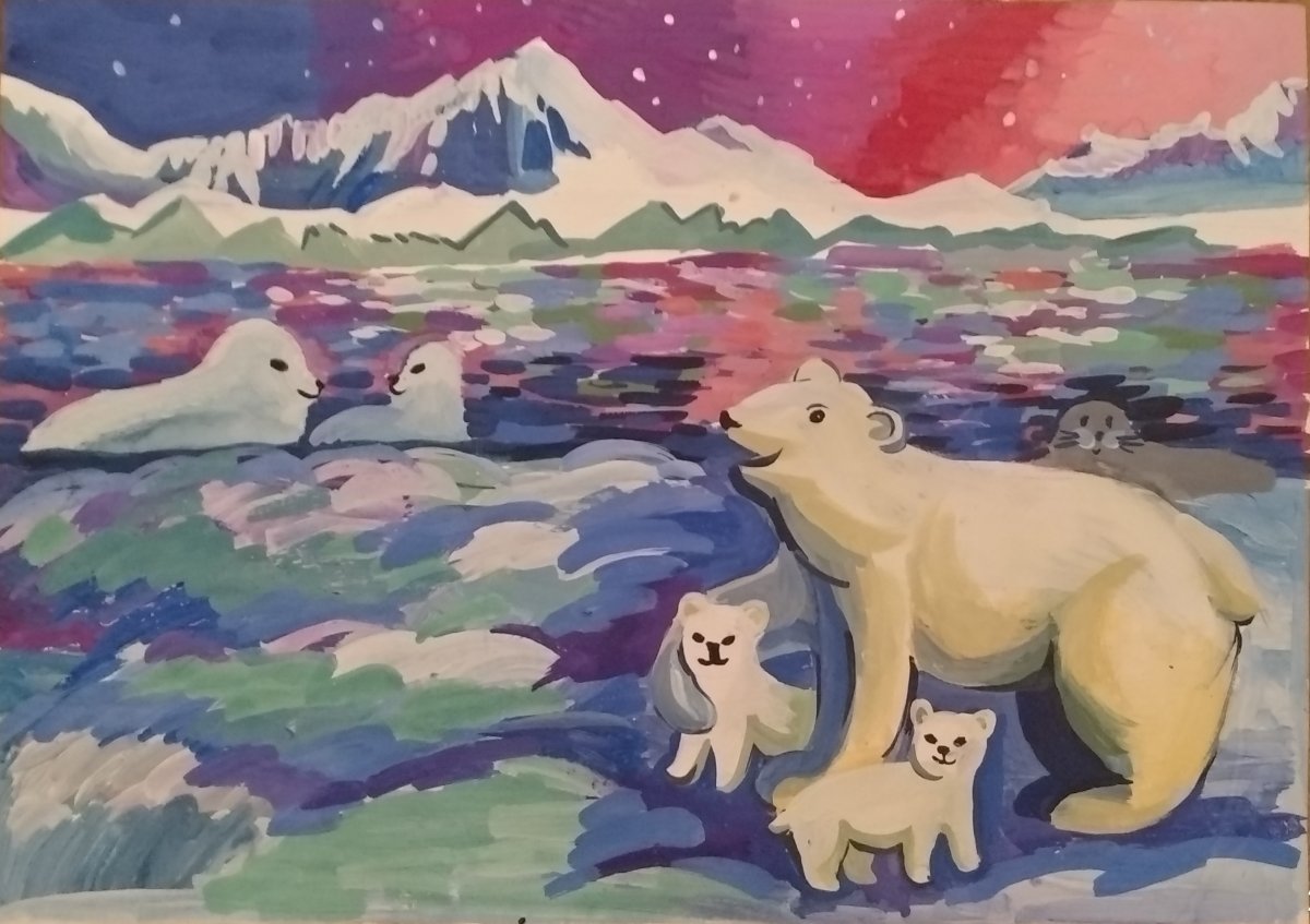 Белый медведь и Северное сияние гуашью картина