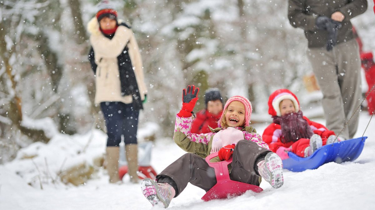 Дети с родителями на улице зимой