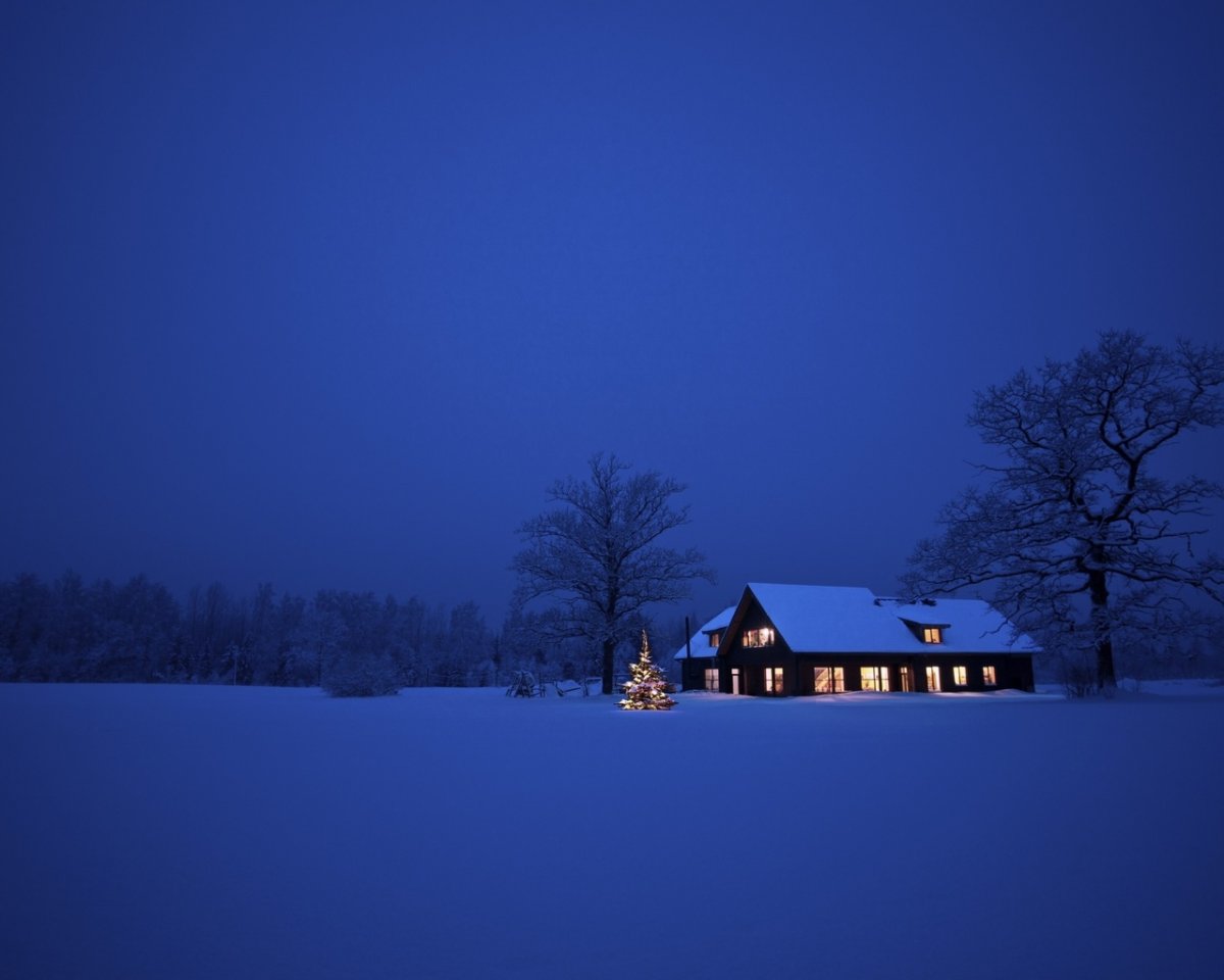 Зимний домик ночью