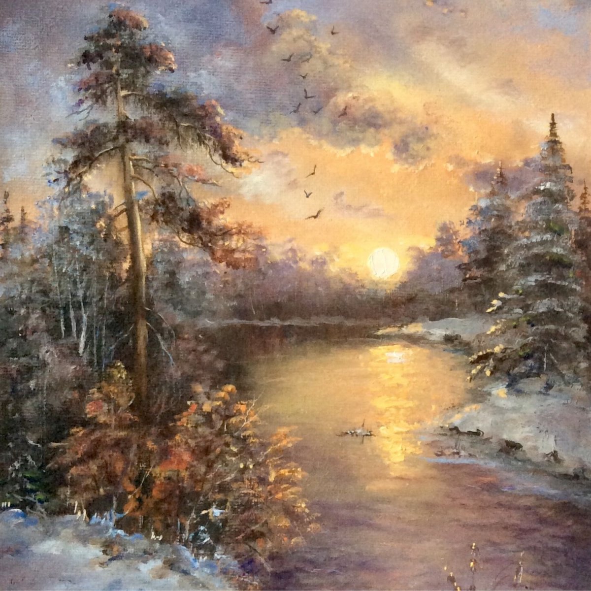 Зимний закат живопись