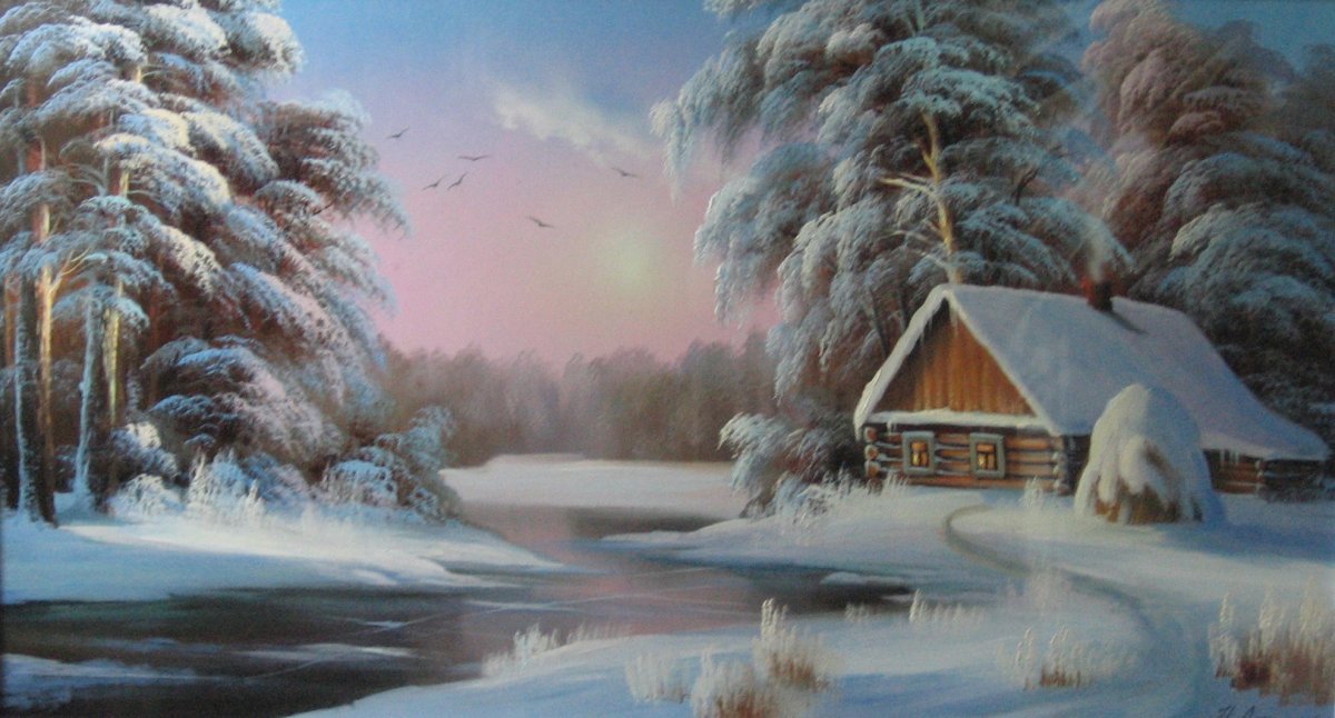 Зимний пейзаж с избой