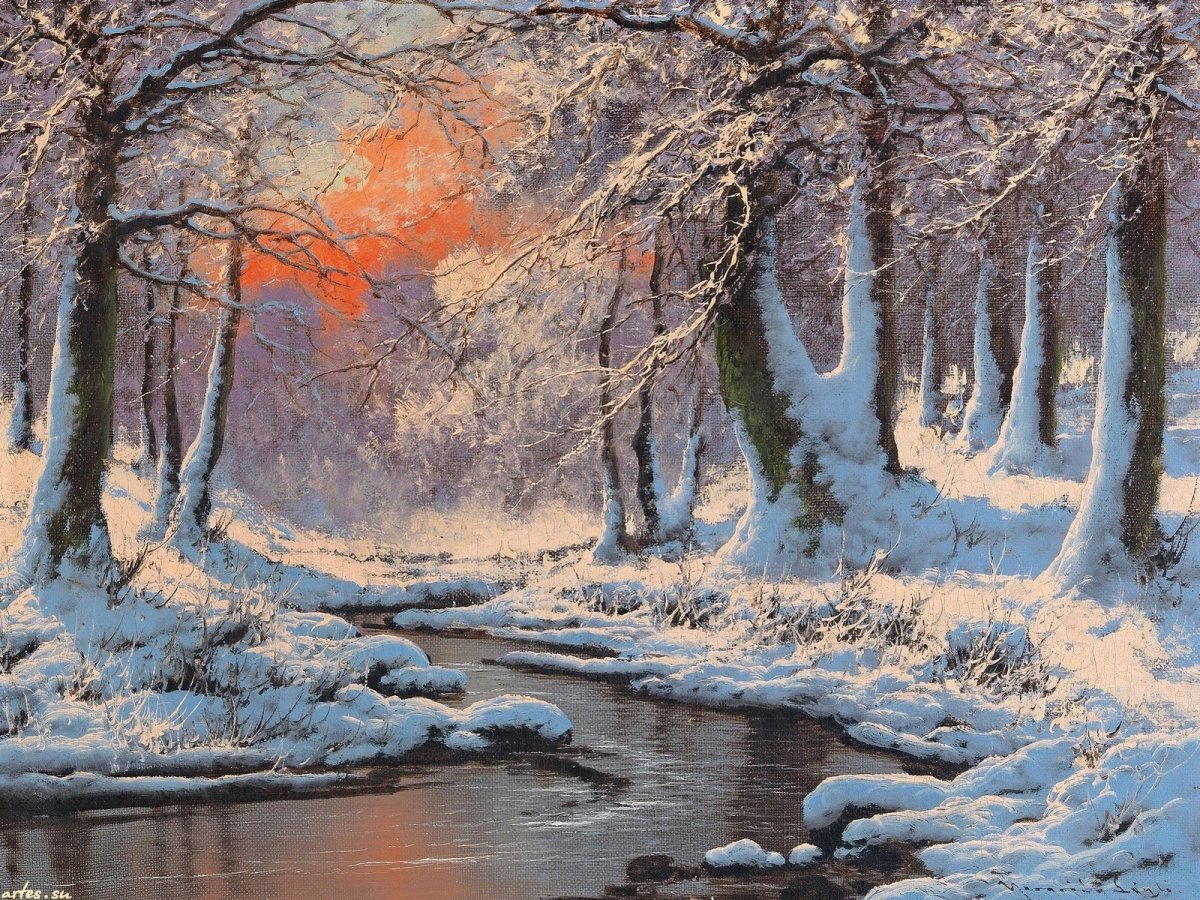 Река зимой живопись