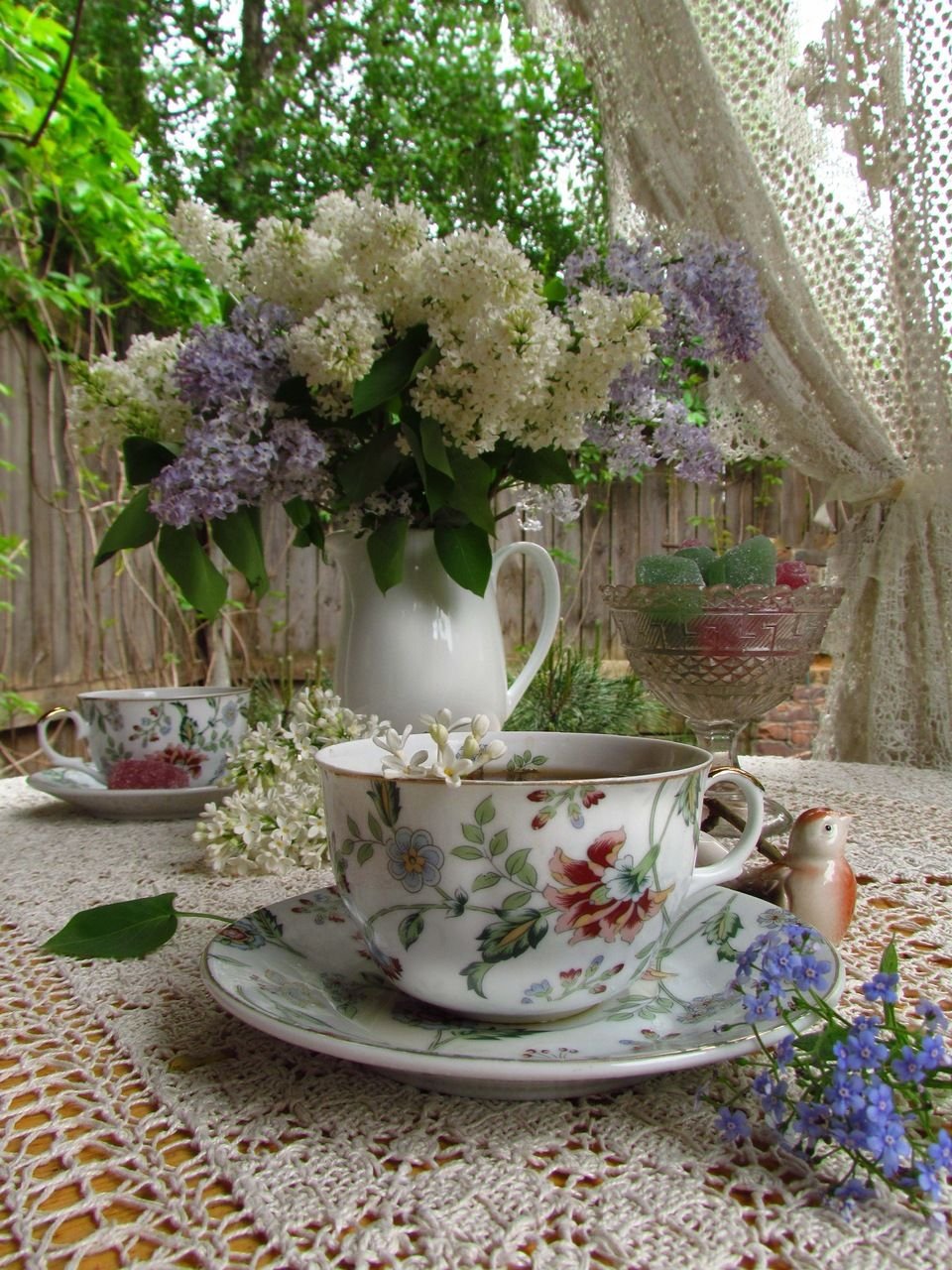 Весенняя чашка чая. Чаепитие в саду. Весеннее утро в саду. Чай цветок. Чаепитие и цветы.