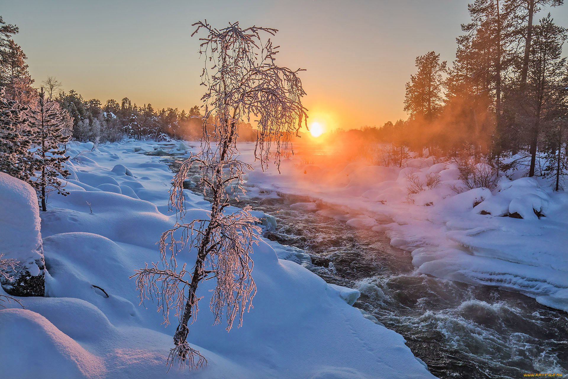 Зимнее утро. Зимний закат. Утро зима. Зимний лес с речкой.
