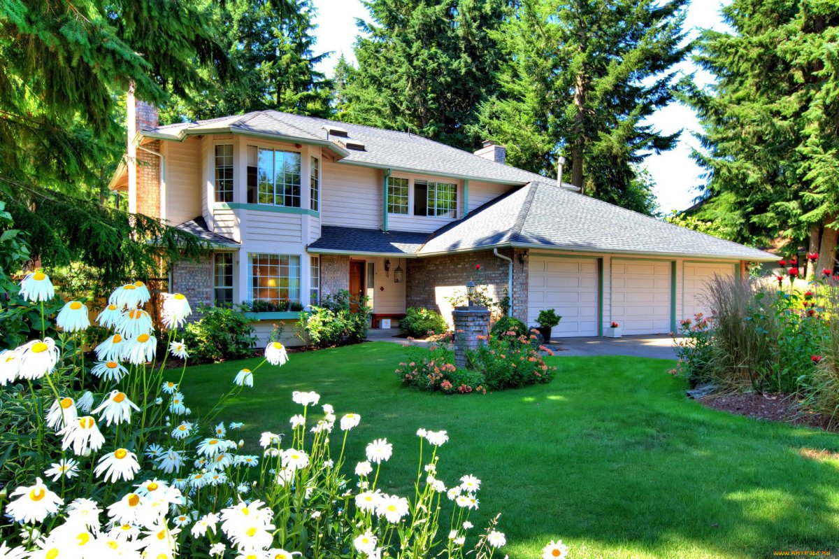 Красивый домик с лужайкой