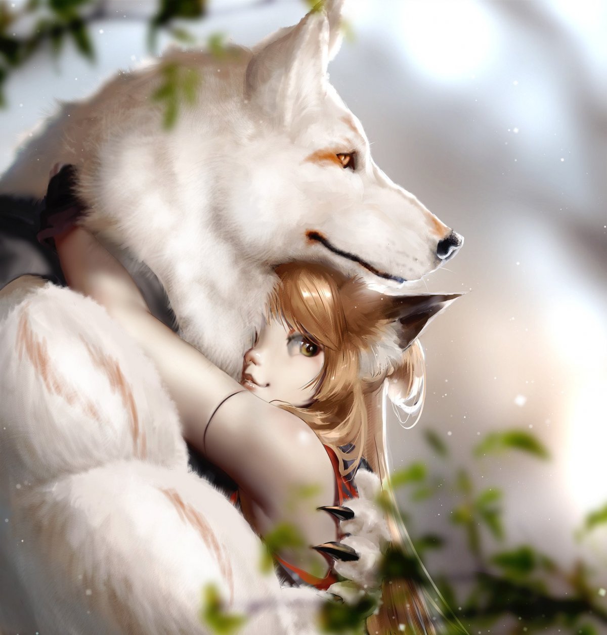 Волк обнимает девушку