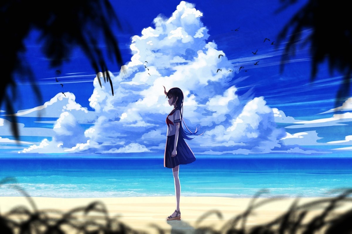 Аниме девушка на берегу моря