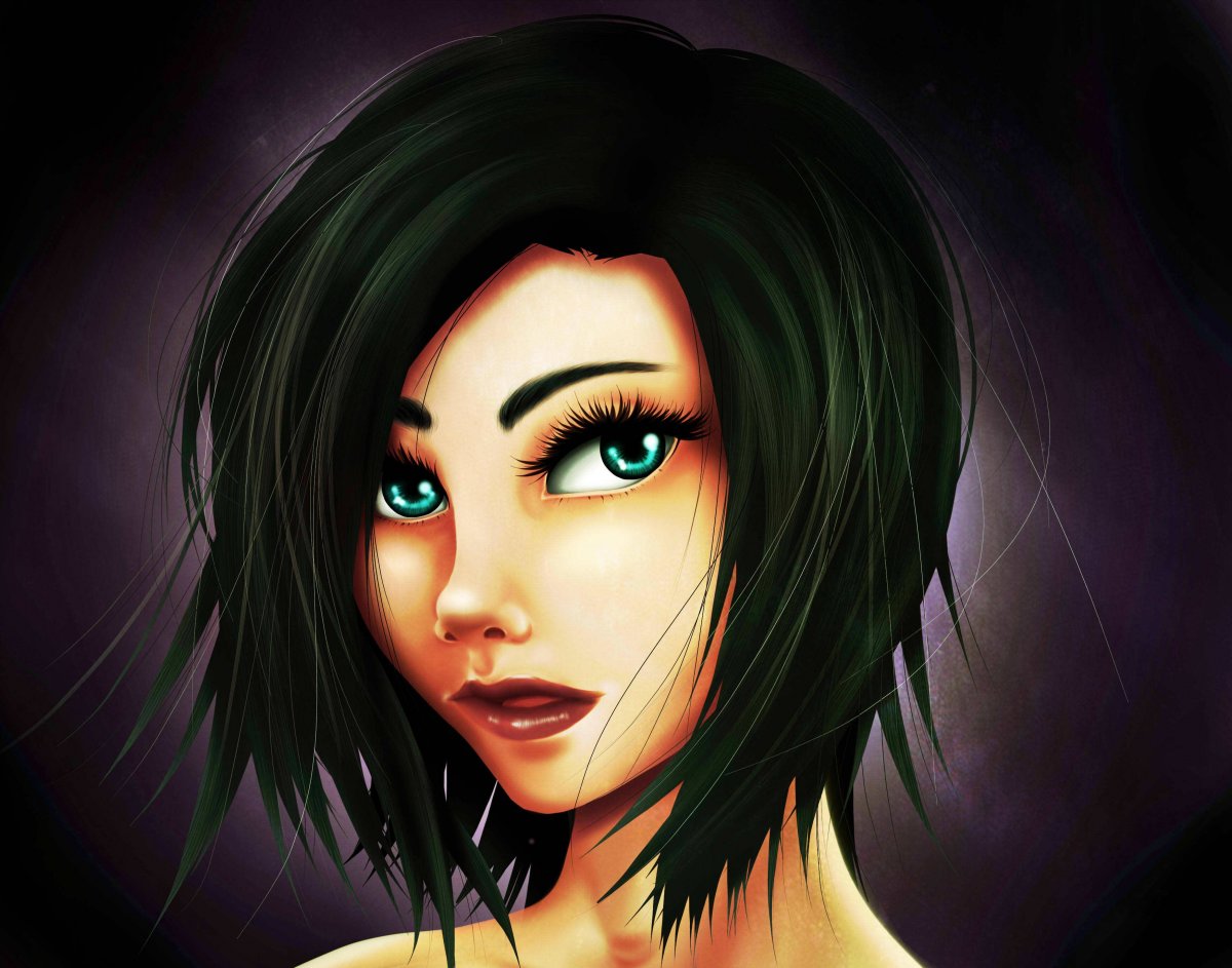 Нарисованная брюнетка с зелеными глазами
