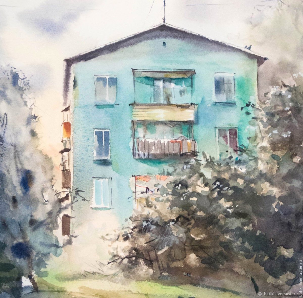 Многоэтажный дом акварель