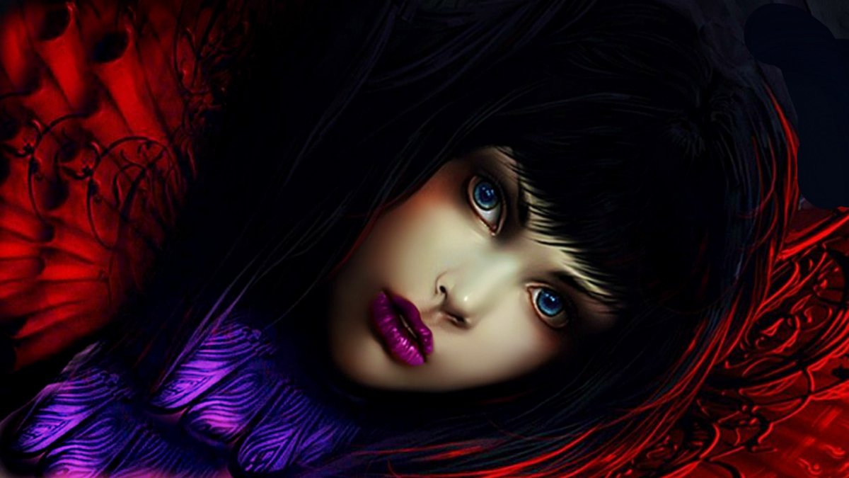 Девушка с чёрными волосами и голубыми глазами арт