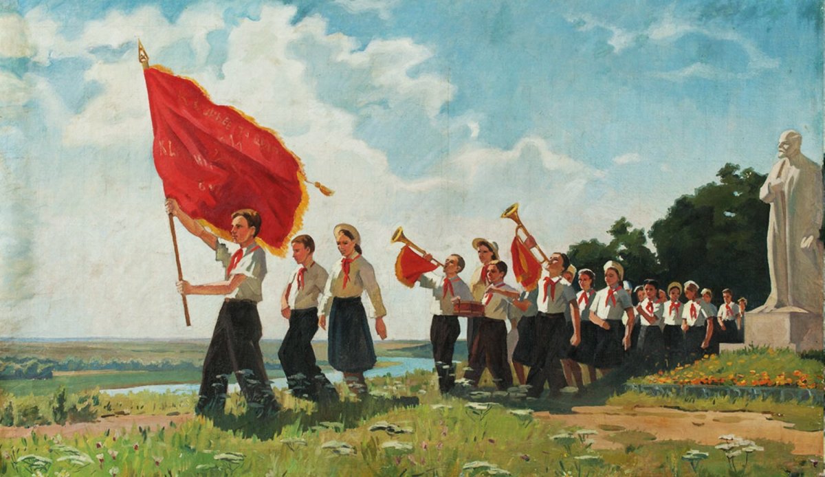Пионерский отряд с горнистом Советская живопись