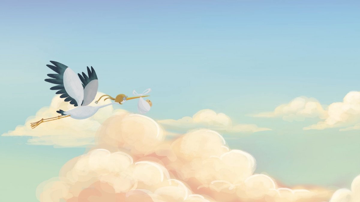 Аист в небе с малышом