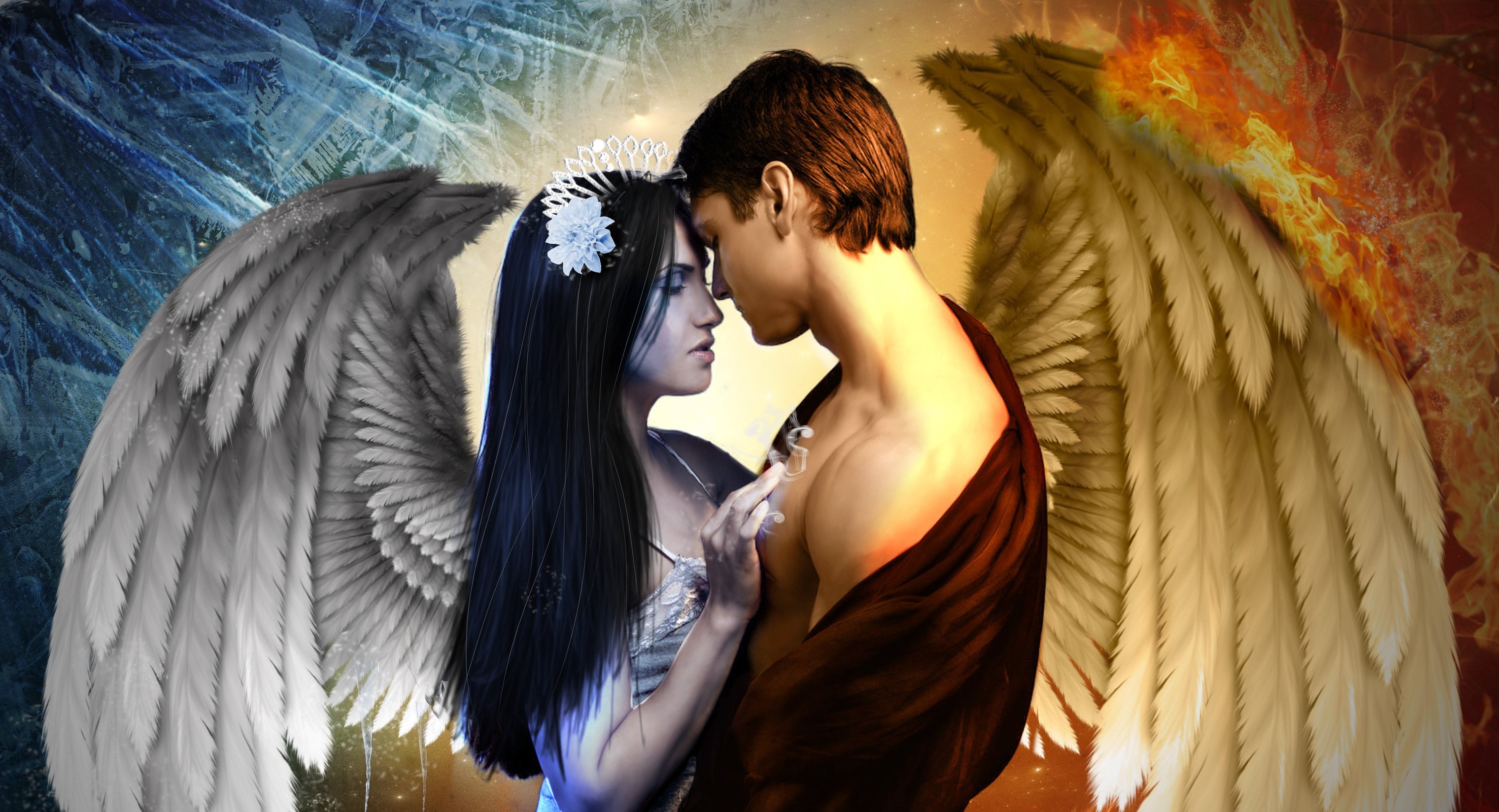 Ангел влюбился в демона. Мужчина и женщина с крыльями. Влюбленные ангелы. Ангел любви. Девушка и мужчина с крыльями.