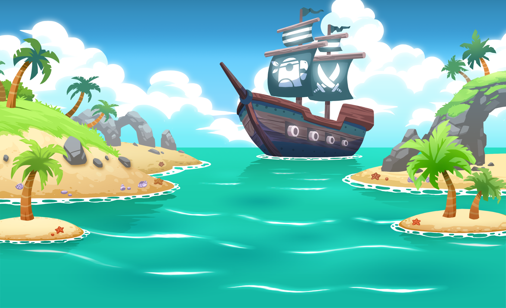 Игра путешествия на корабле. Необитаемый остров сокровищ. Море мультяшное. Пиратский остров. Остров для детей.