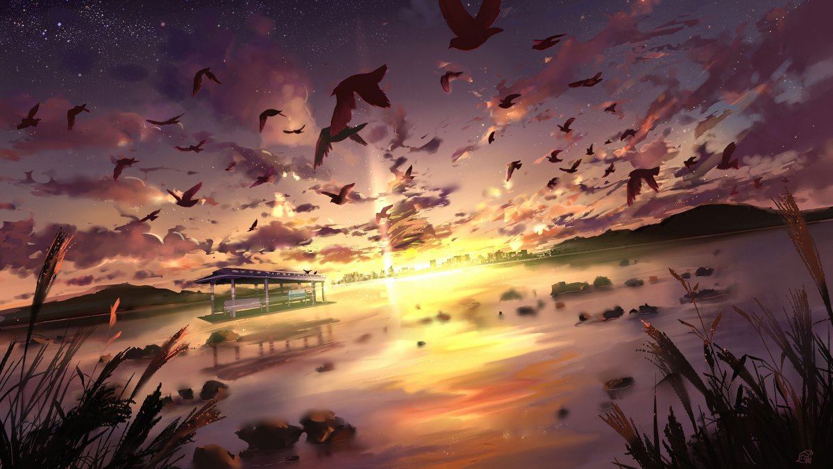 Пейзаж птицы на закате